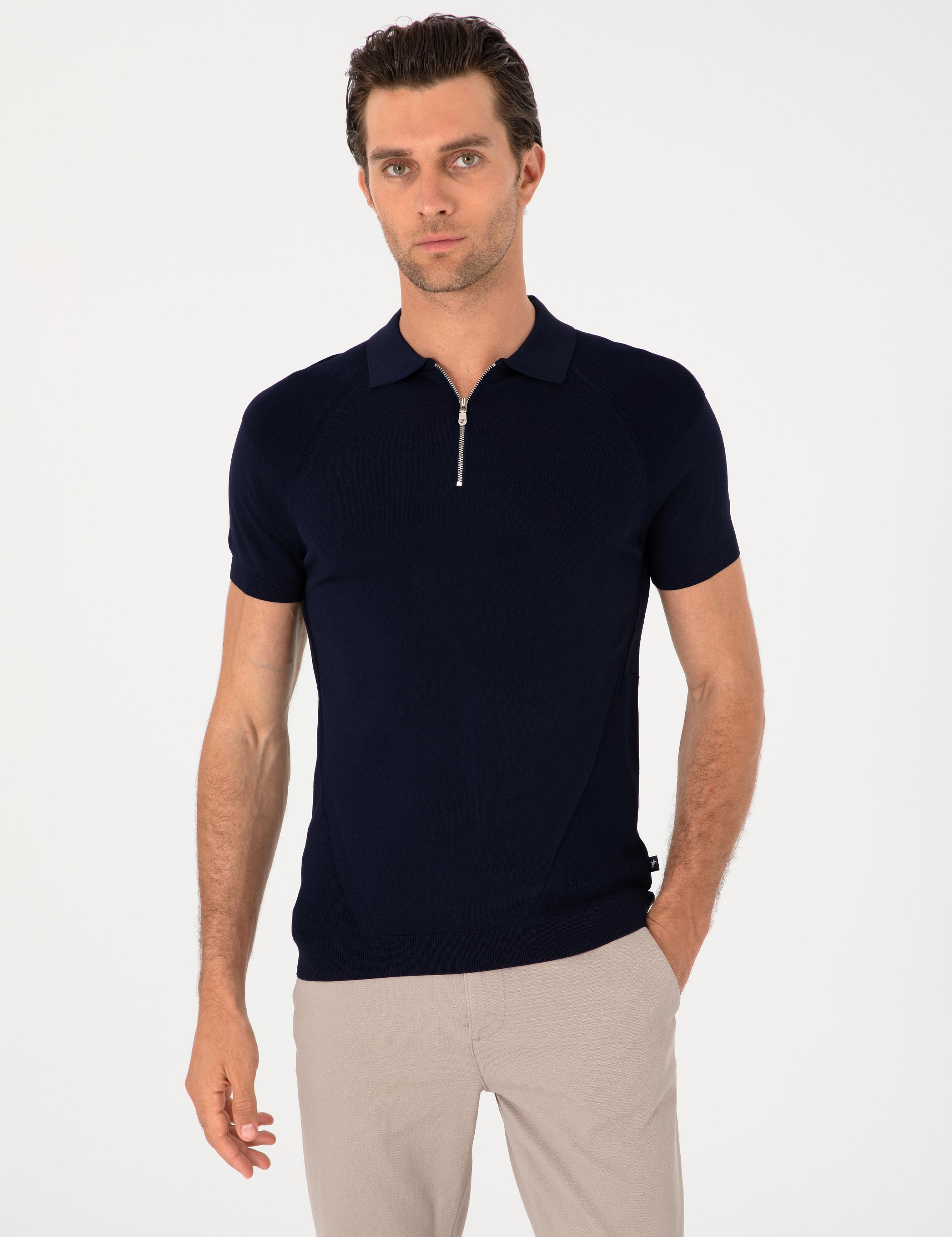 Lacivert Slim Fit Fermuarlı Polo Yaka Triko T-shirt - 50300797004