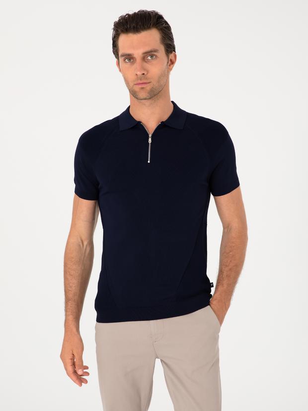 Lacivert Slim Fit Fermuarlı Polo Yaka Triko T-shirt