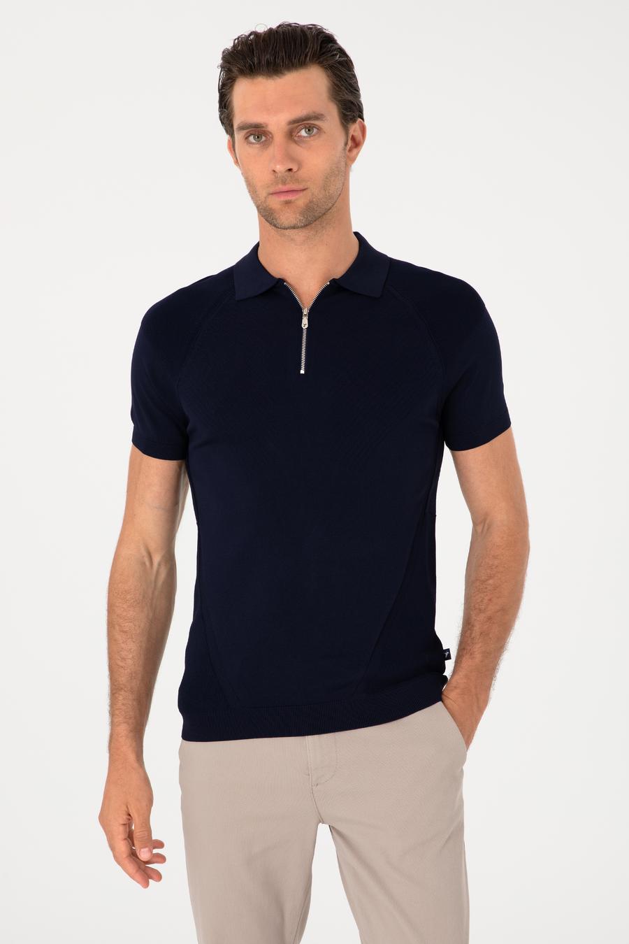 Lacivert Slim Fit Fermuarlı Polo Yaka Triko T-shirt - 50300797004