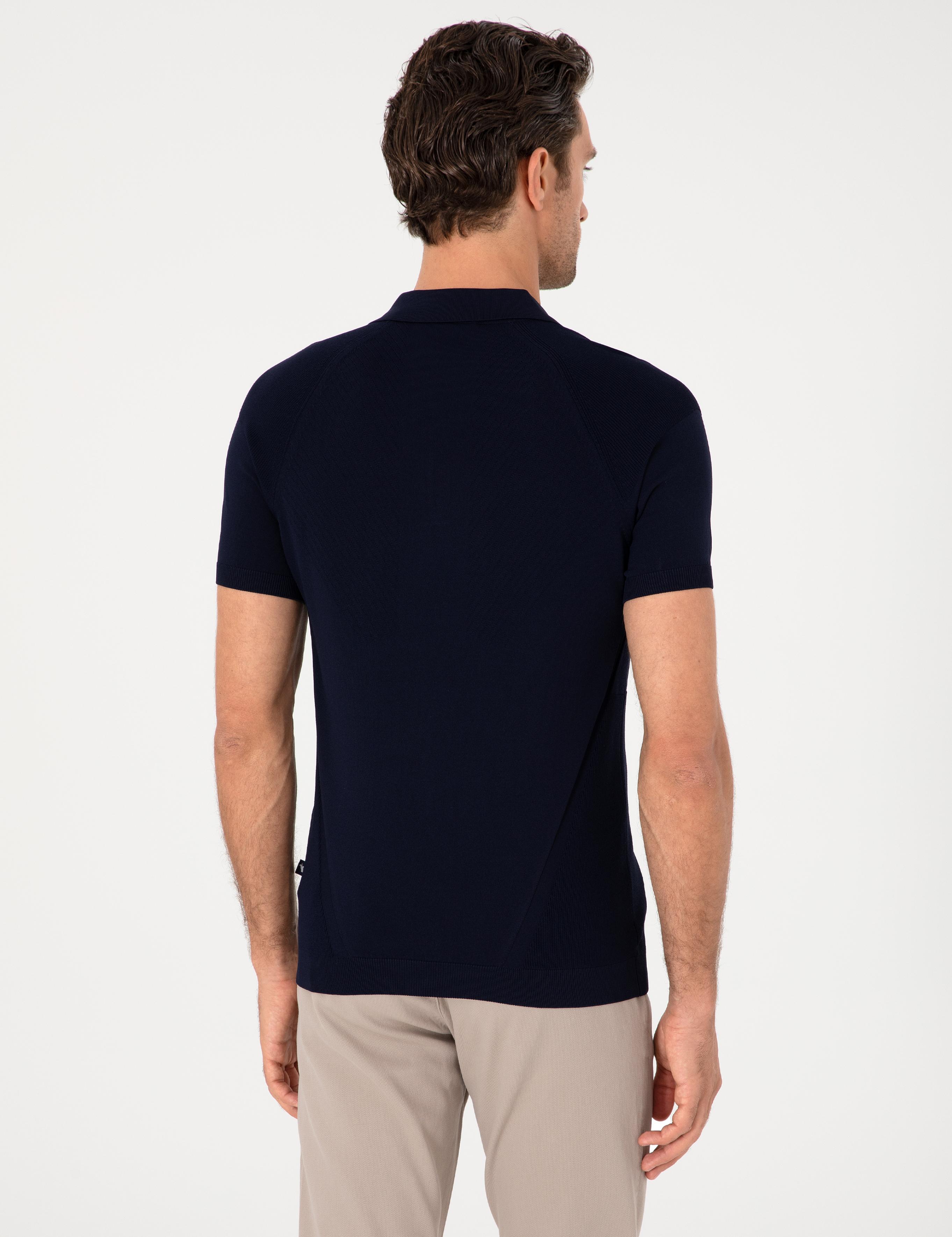 Lacivert Slim Fit Fermuarlı Polo Yaka Triko T-shirt - 50300797004