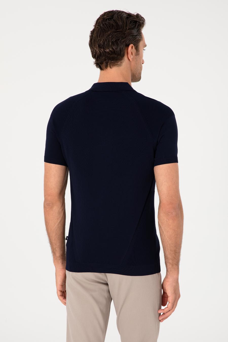 Lacivert Slim Fit Fermuarlı Polo Yaka Triko T-shirt - 50300797004