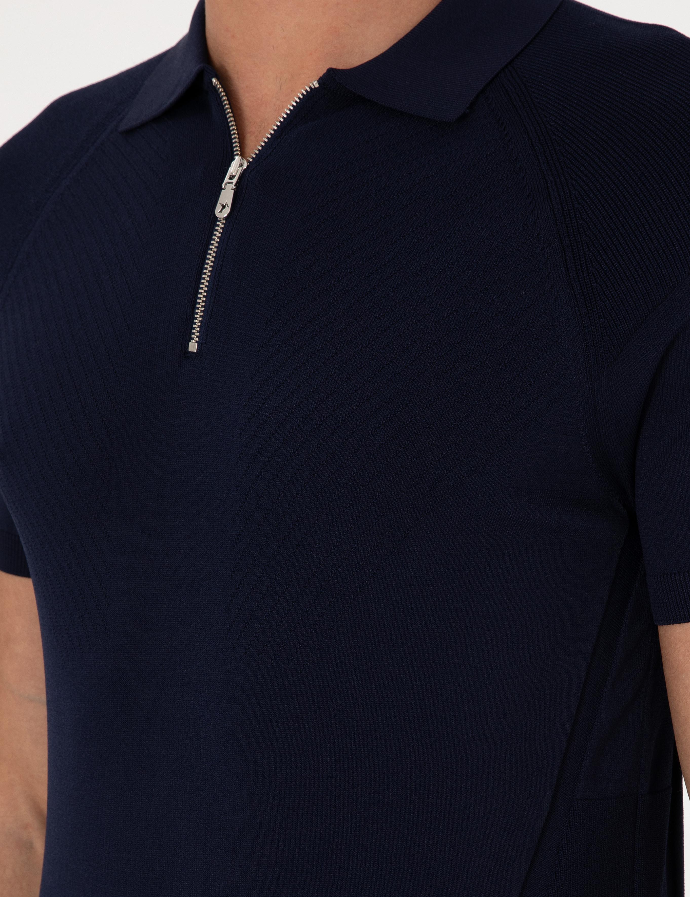 Lacivert Slim Fit Fermuarlı Polo Yaka Triko T-shirt - 50300797004