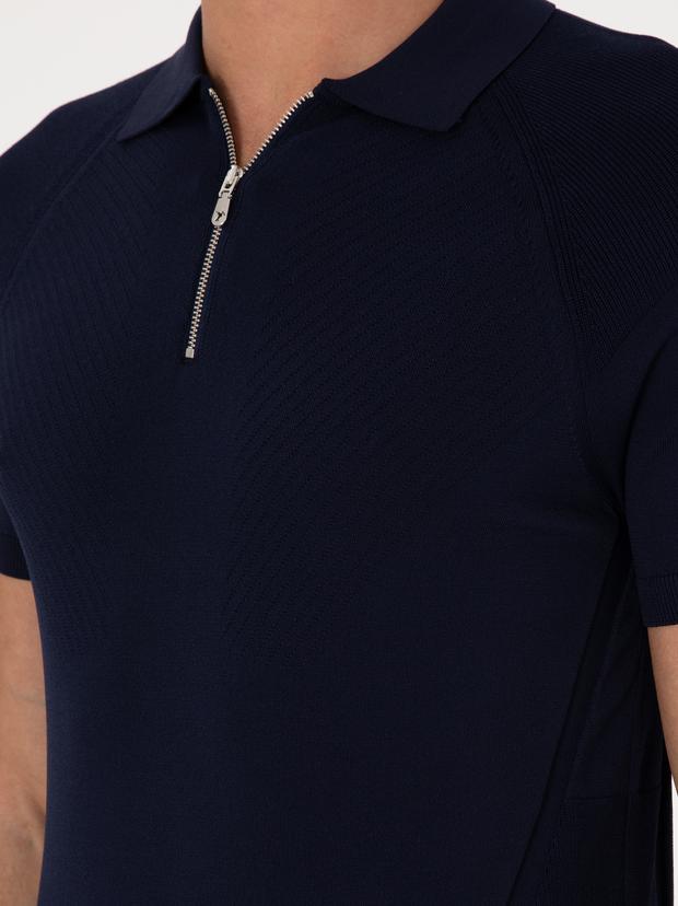 Lacivert Slim Fit Fermuarlı Polo Yaka Triko T-shirt