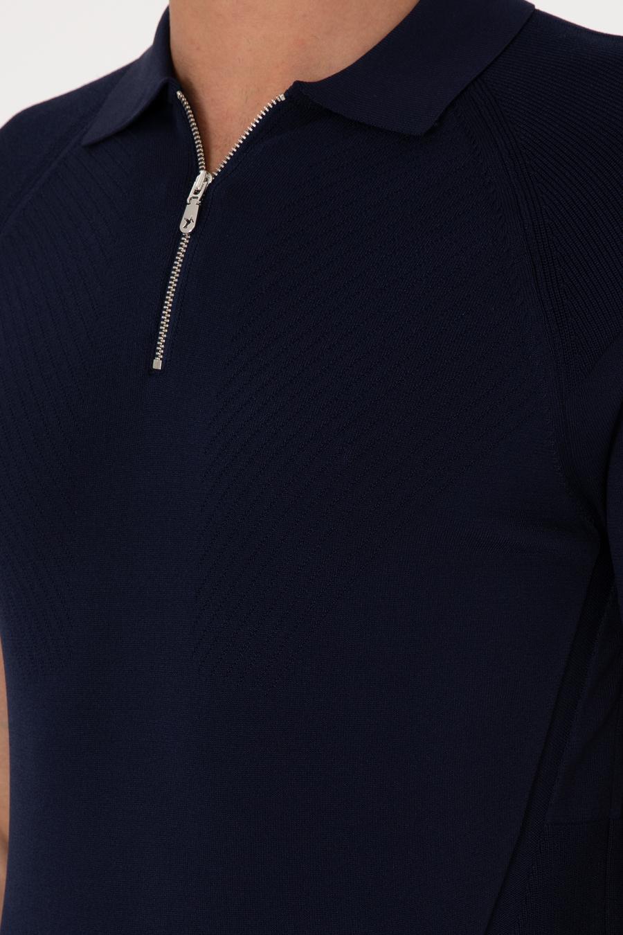 Lacivert Slim Fit Fermuarlı Polo Yaka Triko T-shirt - 50300797004