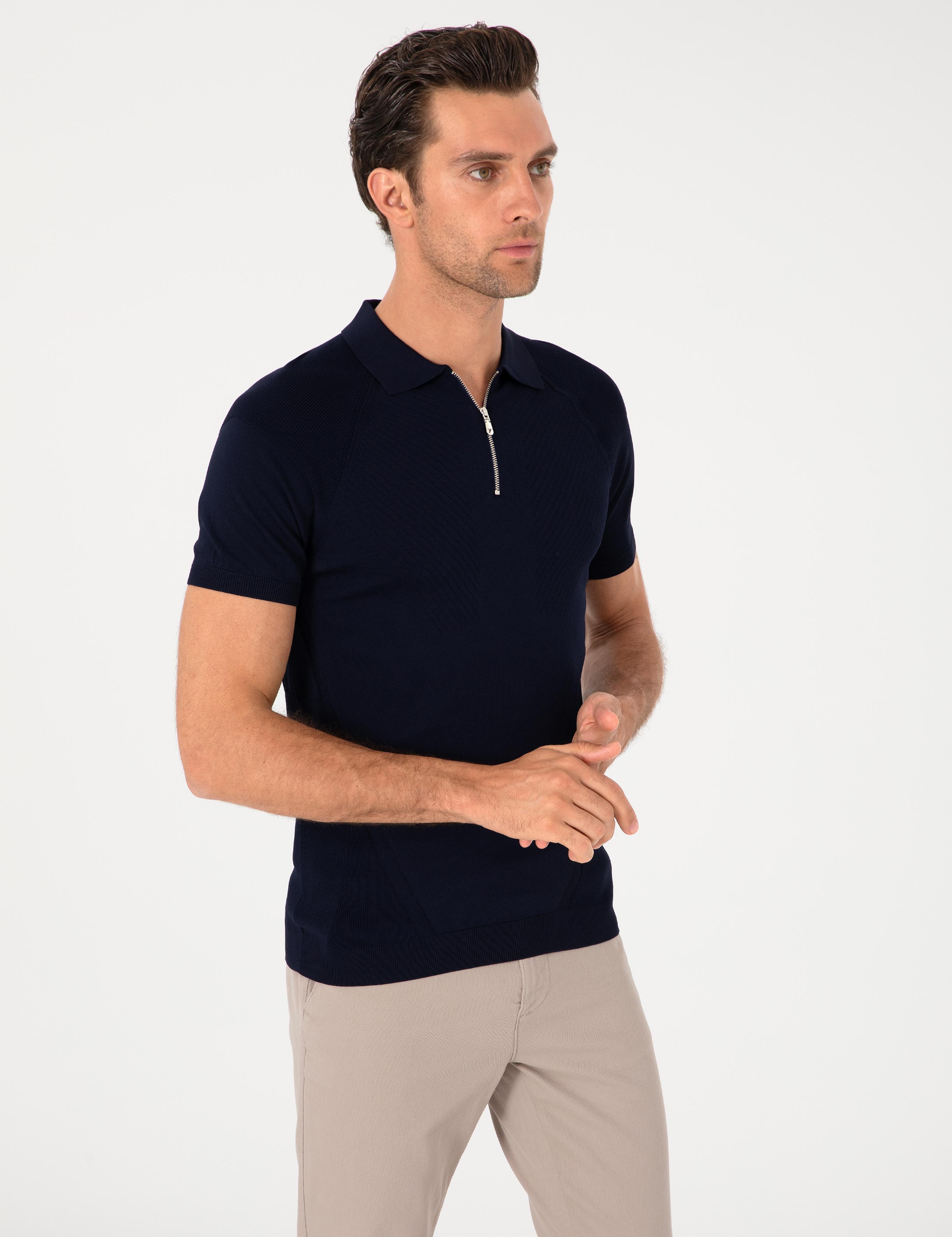Lacivert Slim Fit Fermuarlı Polo Yaka Triko T-shirt - 50300797004