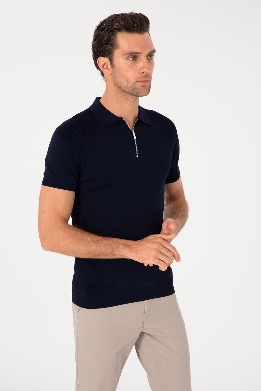 Lacivert Slim Fit Fermuarlı Polo Yaka Triko T-shirt - 50300797004