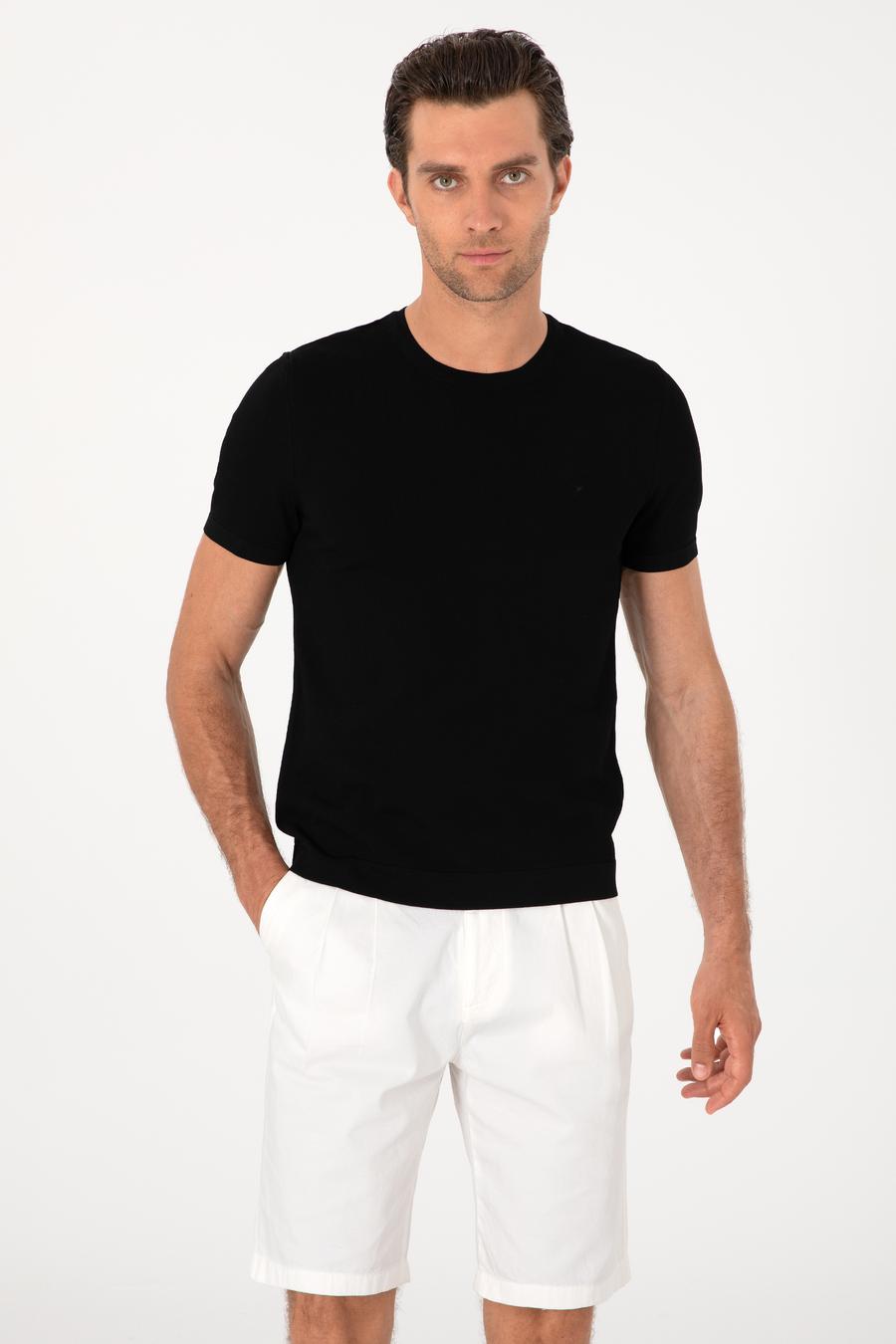 Siyah Slim Fit Bisiklet Yaka Triko T-shirt - 50313587014