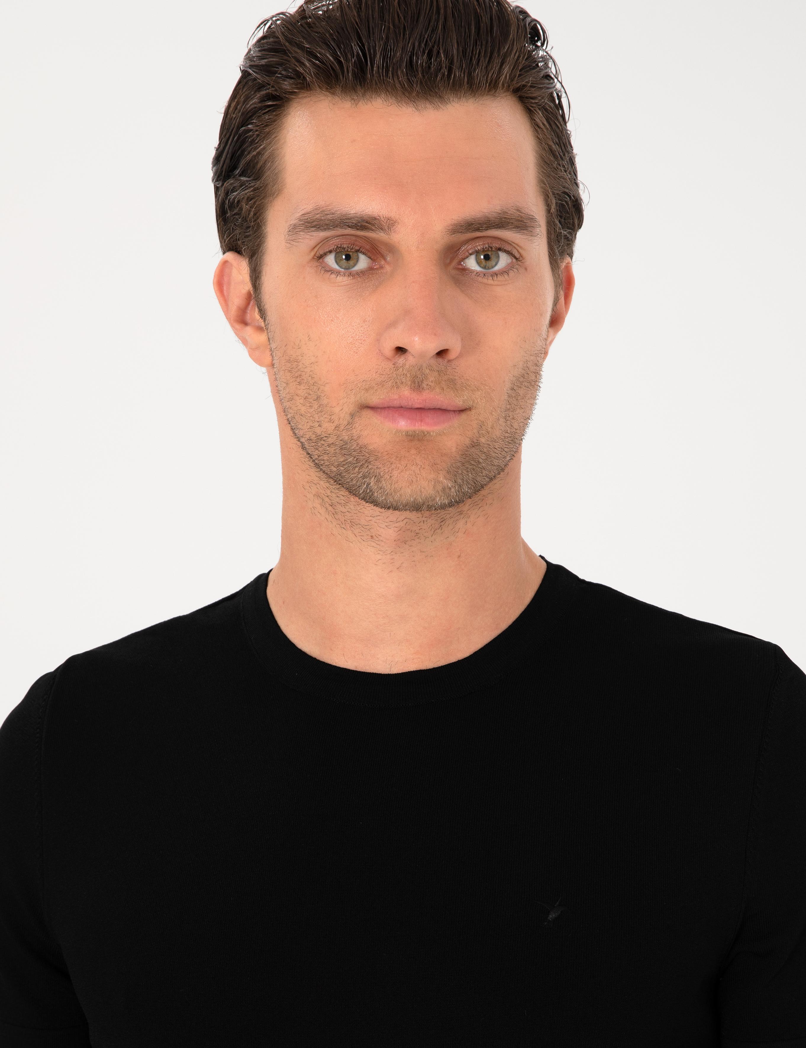 Siyah Slim Fit Bisiklet Yaka Triko T-shirt - 50313587014