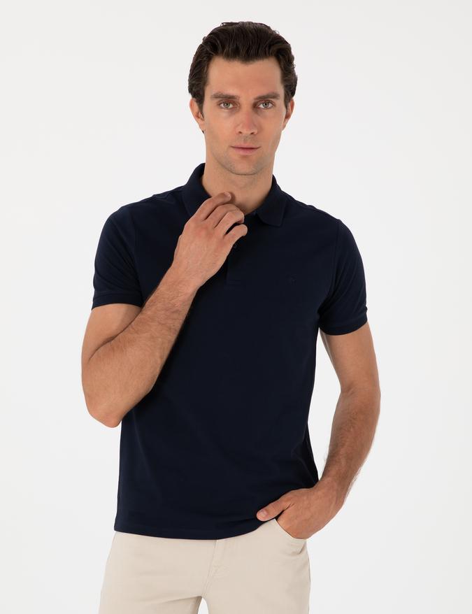 Lacivert Slim Fit %100 Pamuk Polo Yaka T-shirt