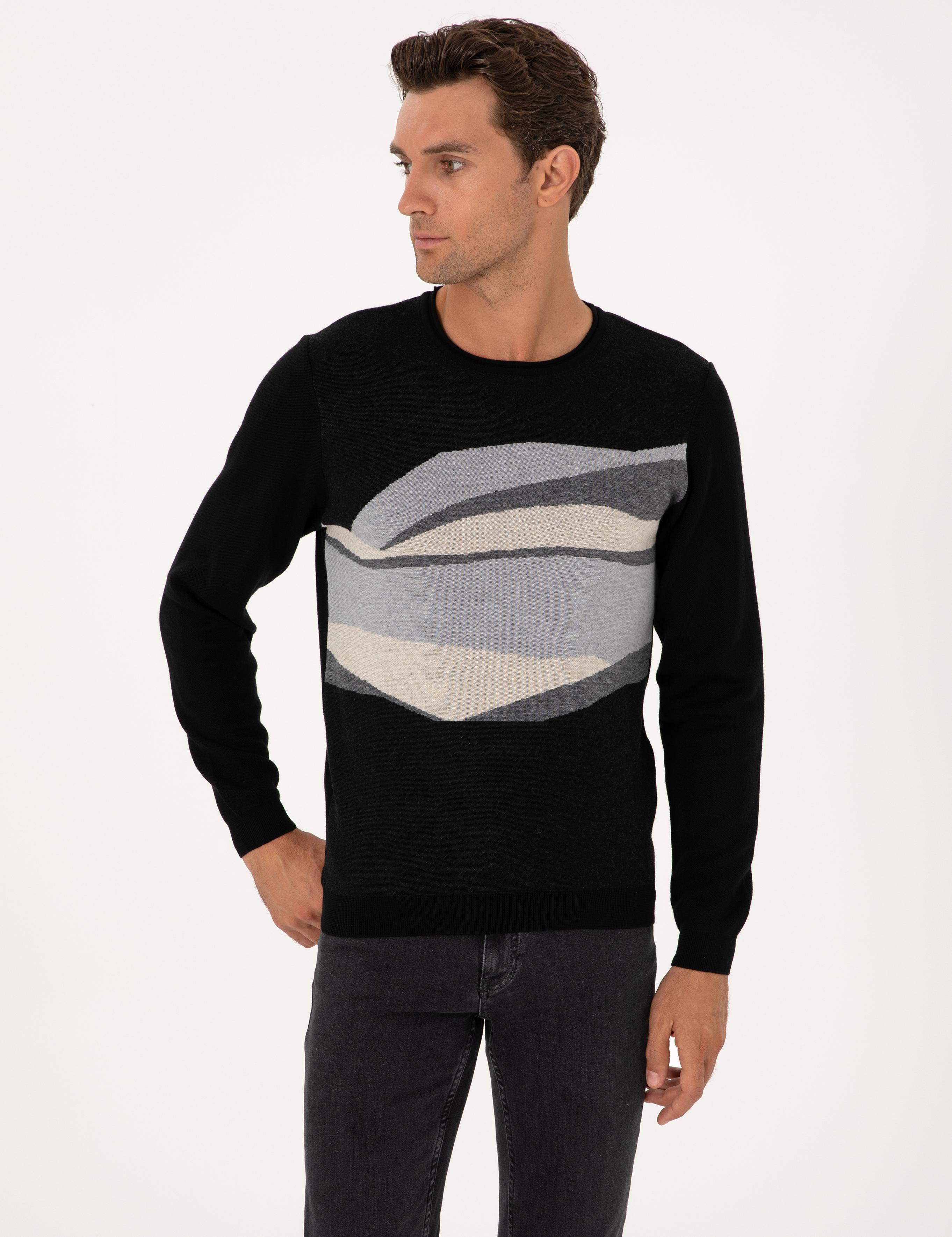 Siyah Slim Fit Yün Karışımlı Bisiklet Yaka Triko Kazak - 50271657065