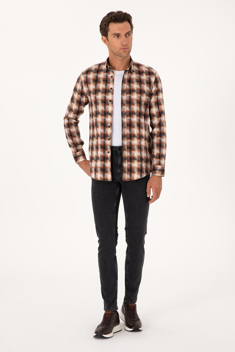 Kiremit Slim Fit %100 Pamuk Desenli Gömlek - 50291335021