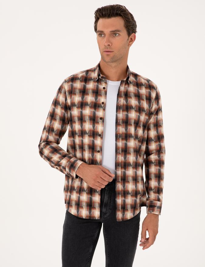 Kiremit Slim Fit %100 Pamuk Desenli Gömlek