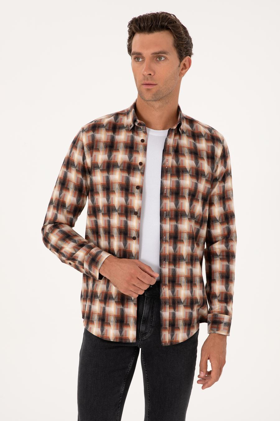 Kiremit Slim Fit %100 Pamuk Desenli Gömlek - 50291335021