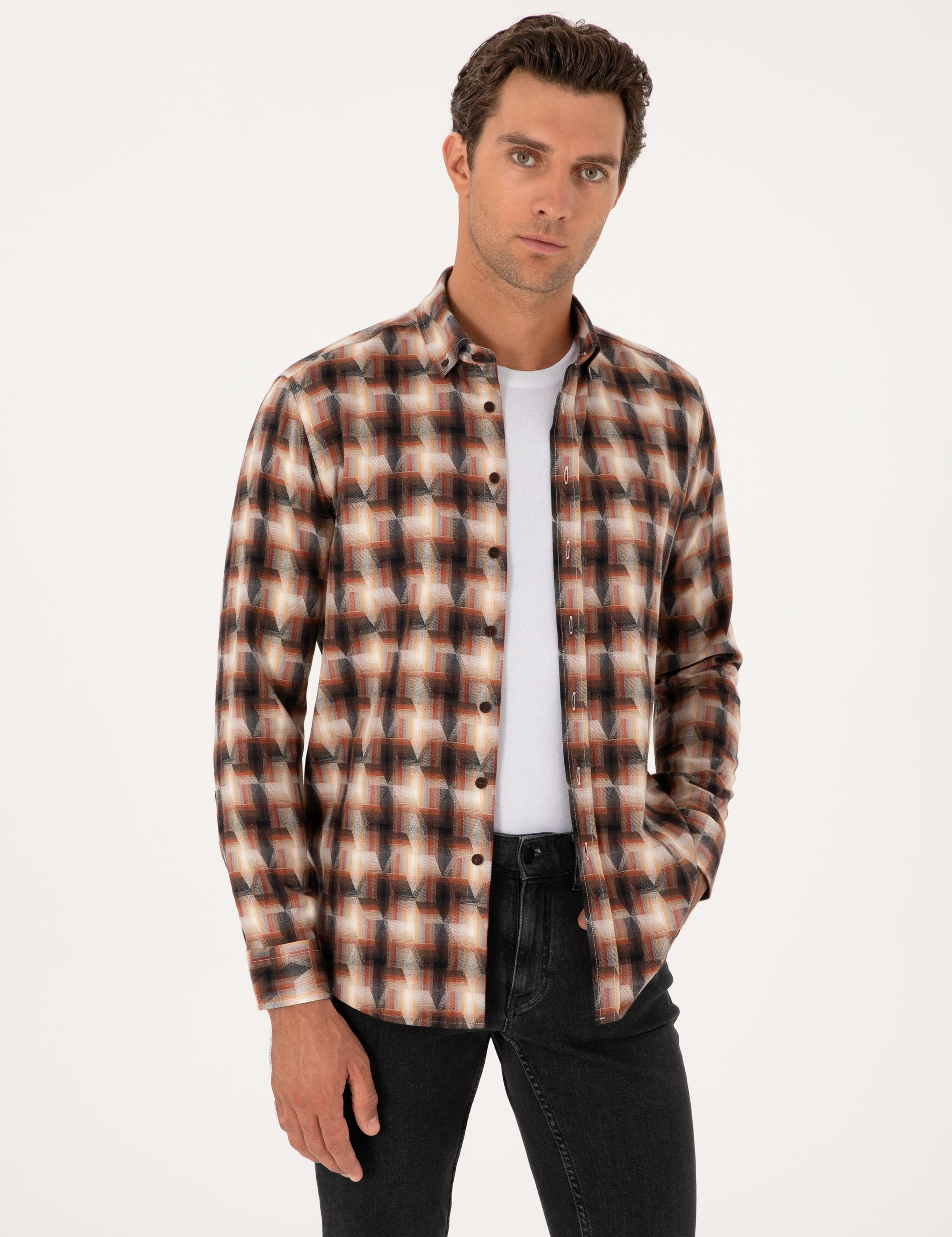 Kiremit Slim Fit %100 Pamuk Desenli Gömlek - 50291335021