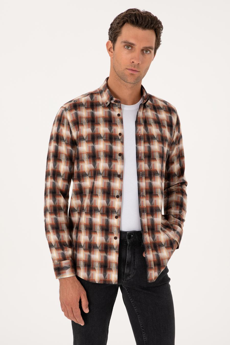 Kiremit Slim Fit %100 Pamuk Desenli Gömlek - 50291335021