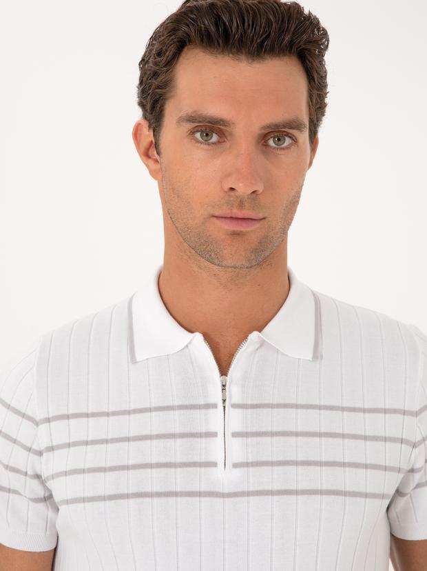 Beyaz Slim Fit %100 Pamuk Fermuarlı Polo Yaka Triko T-shirt