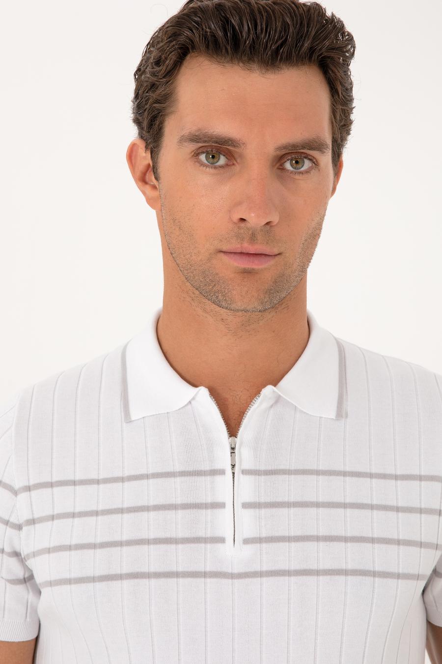 Beyaz Slim Fit %100 Pamuk Fermuarlı Polo Yaka Triko T-shirt - 50300821018