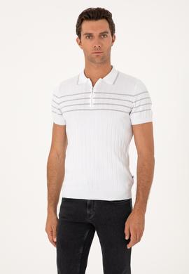 Beyaz Slim Fit %100 Pamuk Fermuarlı Polo Yaka Triko T-shirt