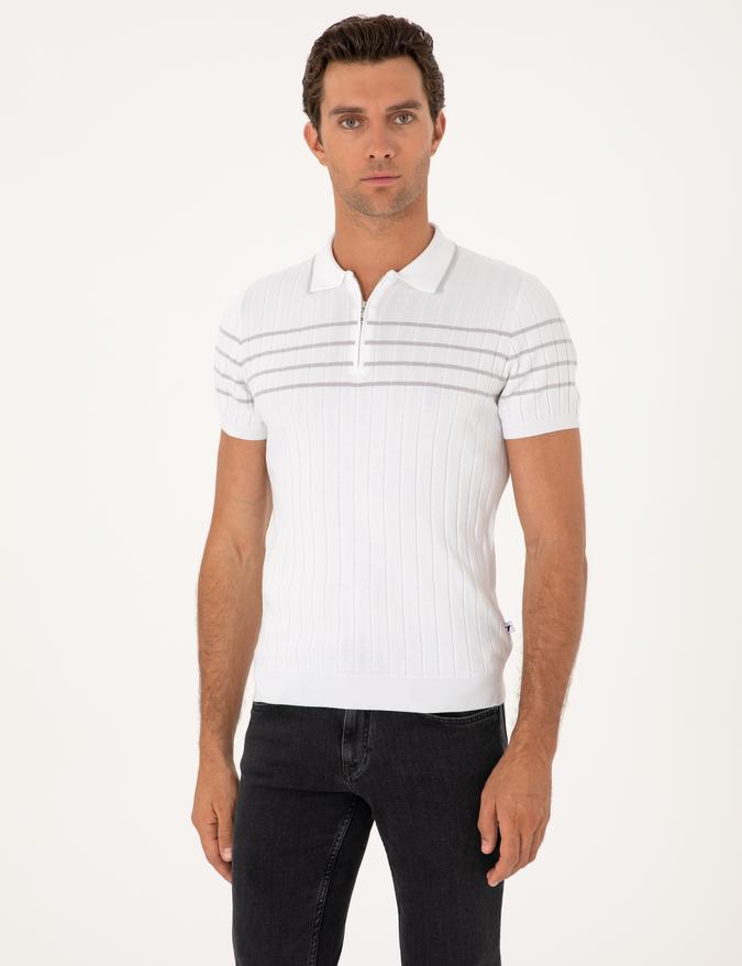 Beyaz Slim Fit %100 Pamuk Fermuarlı Polo Yaka Triko T-shirt