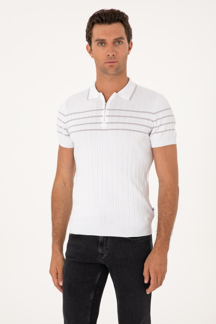 Beyaz Slim Fit %100 Pamuk Fermuarlı Polo Yaka Triko T-shirt - 50300821018