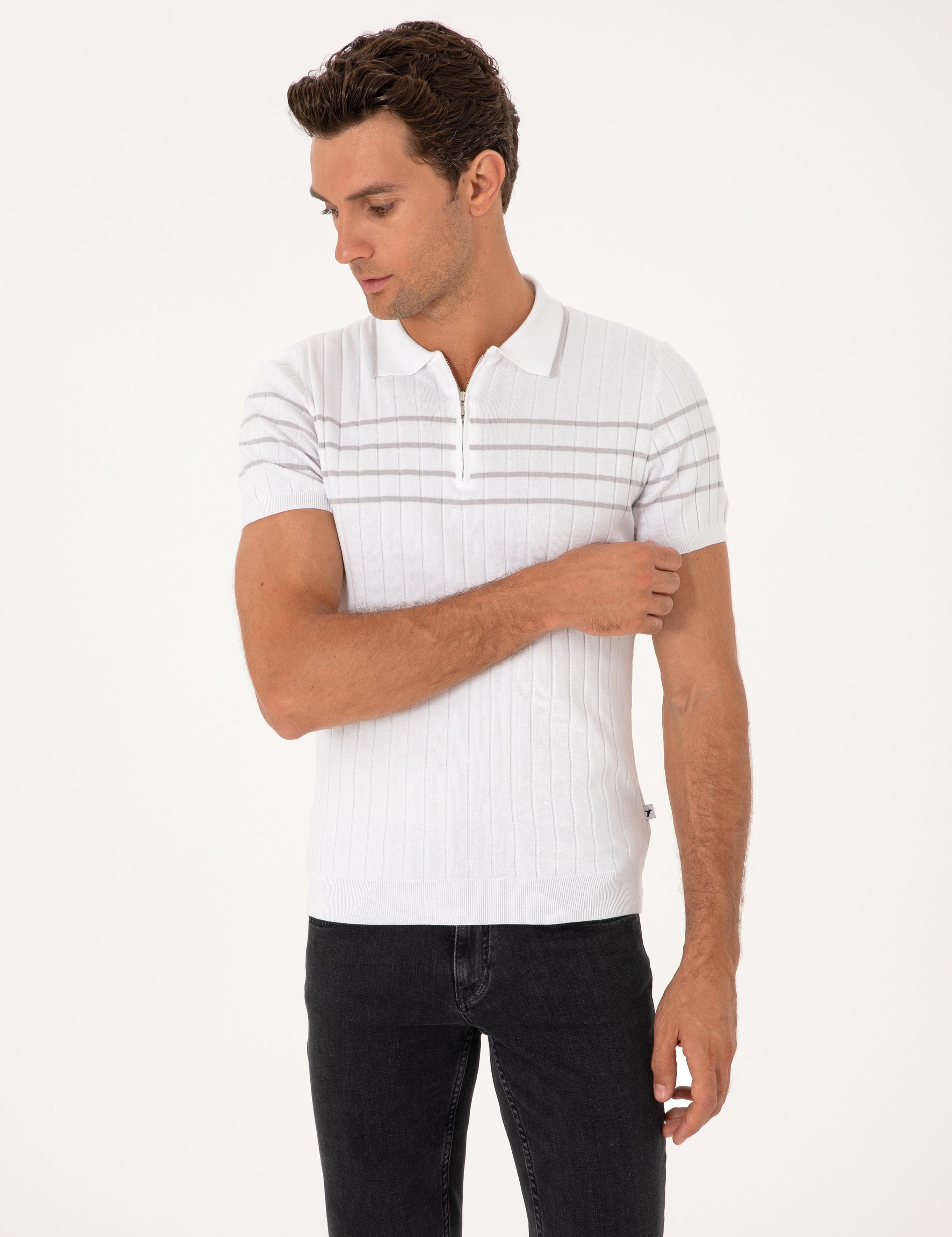 Beyaz Slim Fit %100 Pamuk Fermuarlı Polo Yaka Triko T-shirt - 50300821018