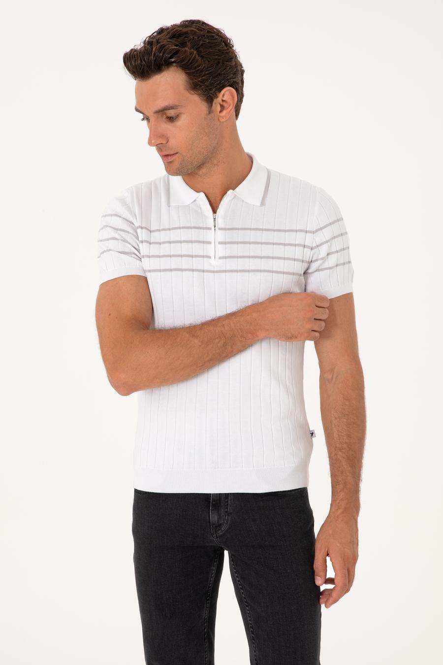 Beyaz Slim Fit %100 Pamuk Fermuarlı Polo Yaka Triko T-shirt - 50300821018