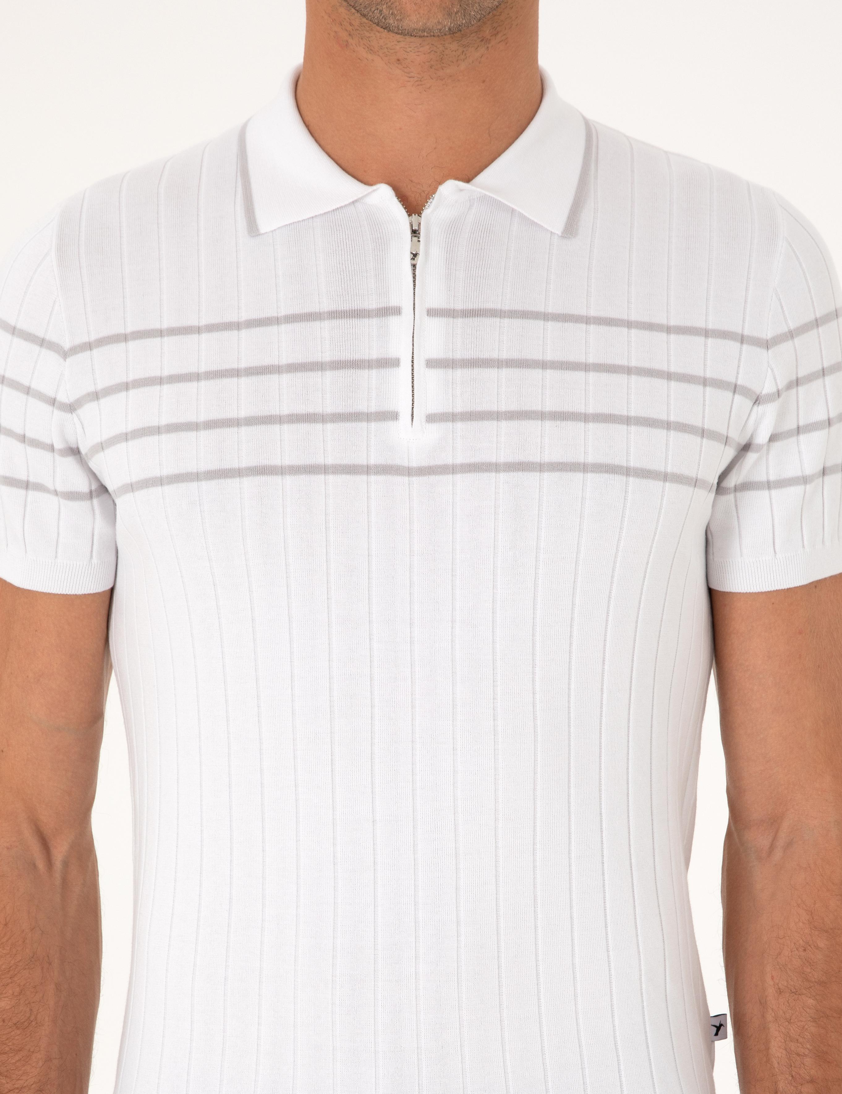 Beyaz Slim Fit %100 Pamuk Fermuarlı Polo Yaka Triko T-shirt - 50300821018