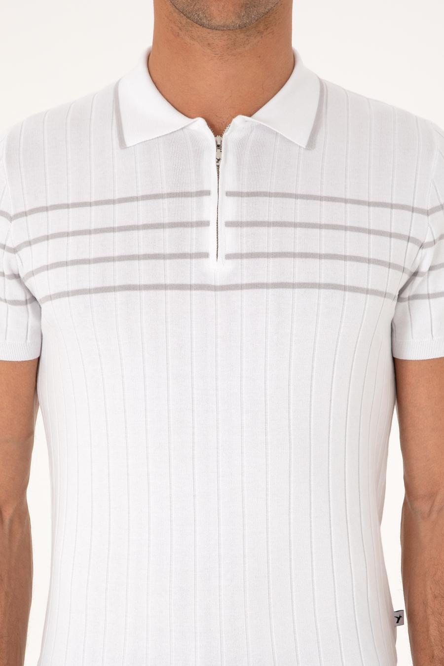 Beyaz Slim Fit %100 Pamuk Fermuarlı Polo Yaka Triko T-shirt - 50300821018