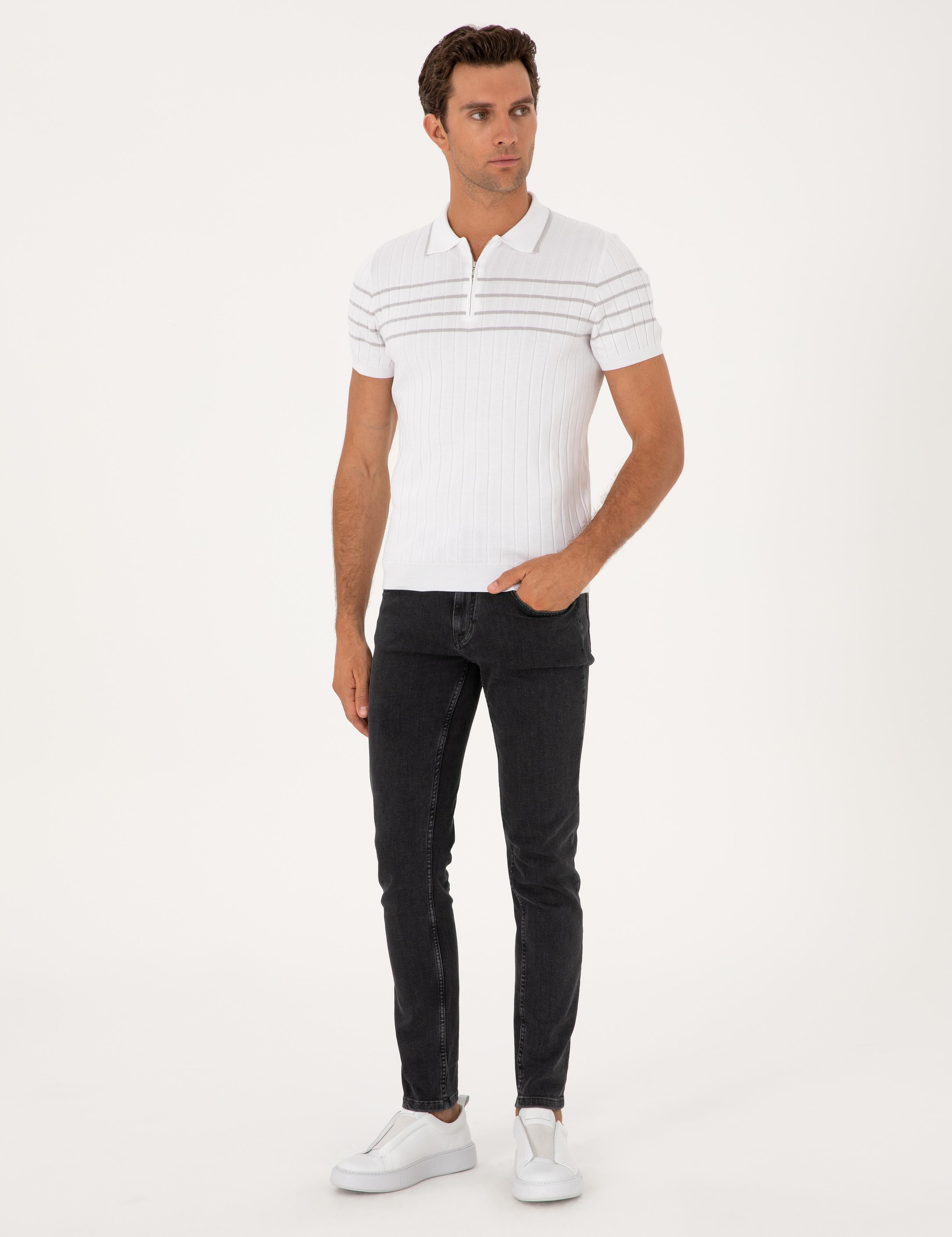 Beyaz Slim Fit %100 Pamuk Fermuarlı Polo Yaka Triko T-shirt - 50300821018