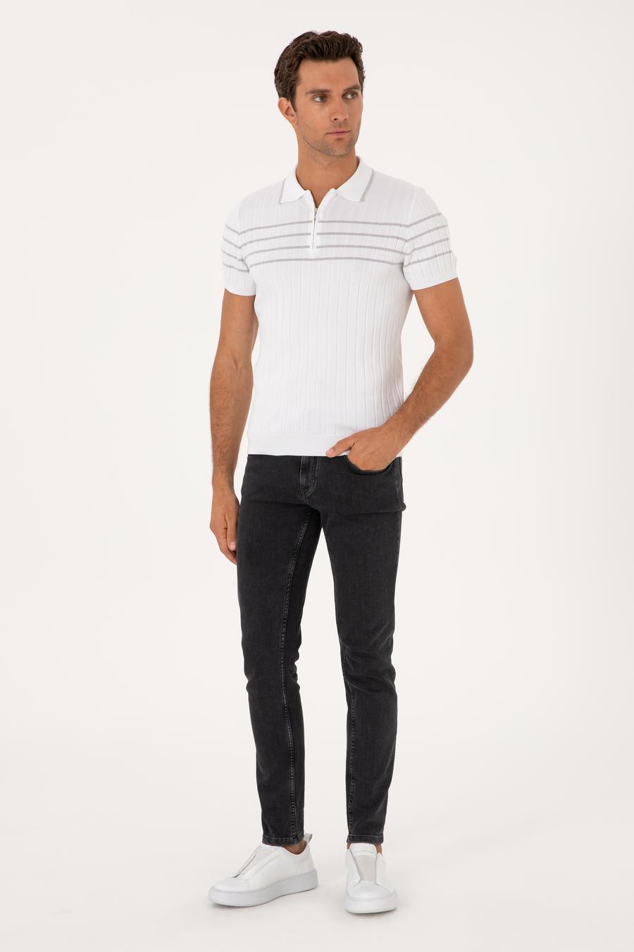 Beyaz Slim Fit %100 Pamuk Fermuarlı Polo Yaka Triko T-shirt - 50300821018