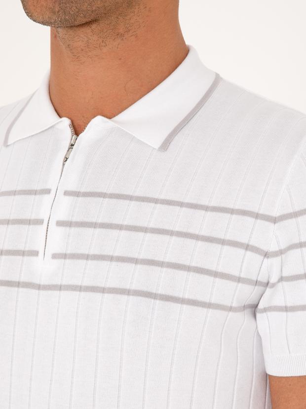 Beyaz Slim Fit %100 Pamuk Fermuarlı Polo Yaka Triko T-shirt