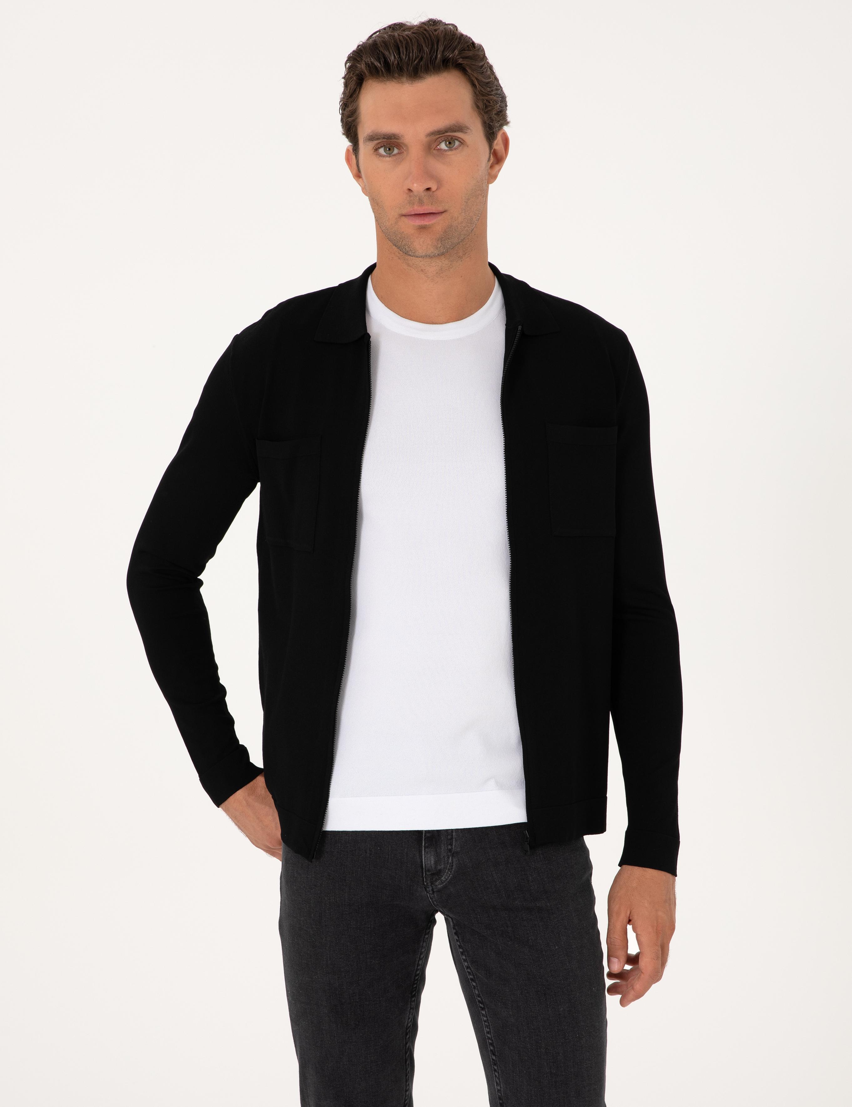 Siyah Regular Fit Fermuarlı Triko Hırka - 50299420021