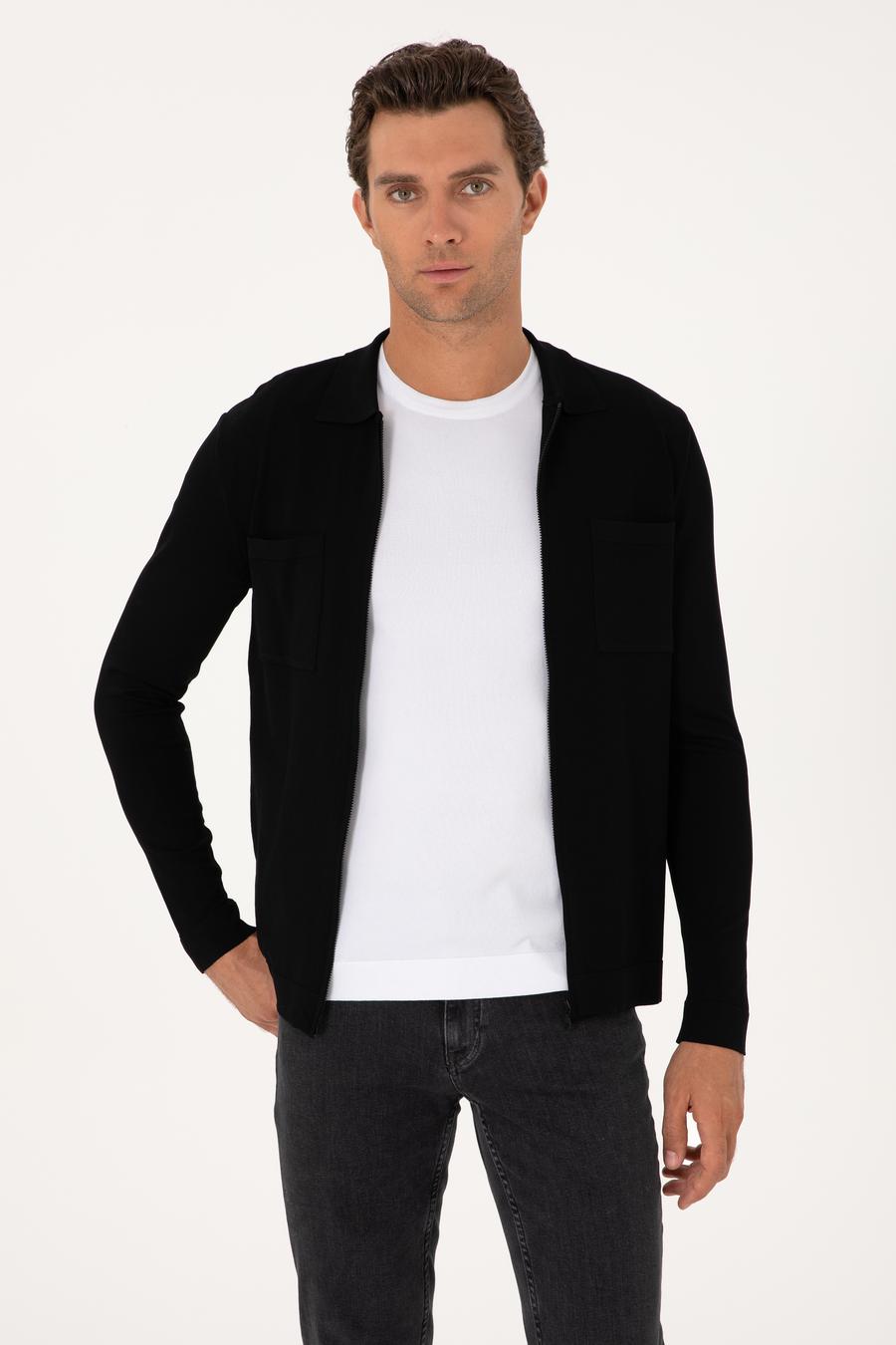 Siyah Regular Fit Fermuarlı Triko Hırka - 50299420021