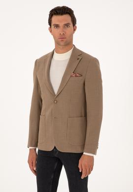 Bej  Slim Fit Yün Karışımlı Dokulu Ceket