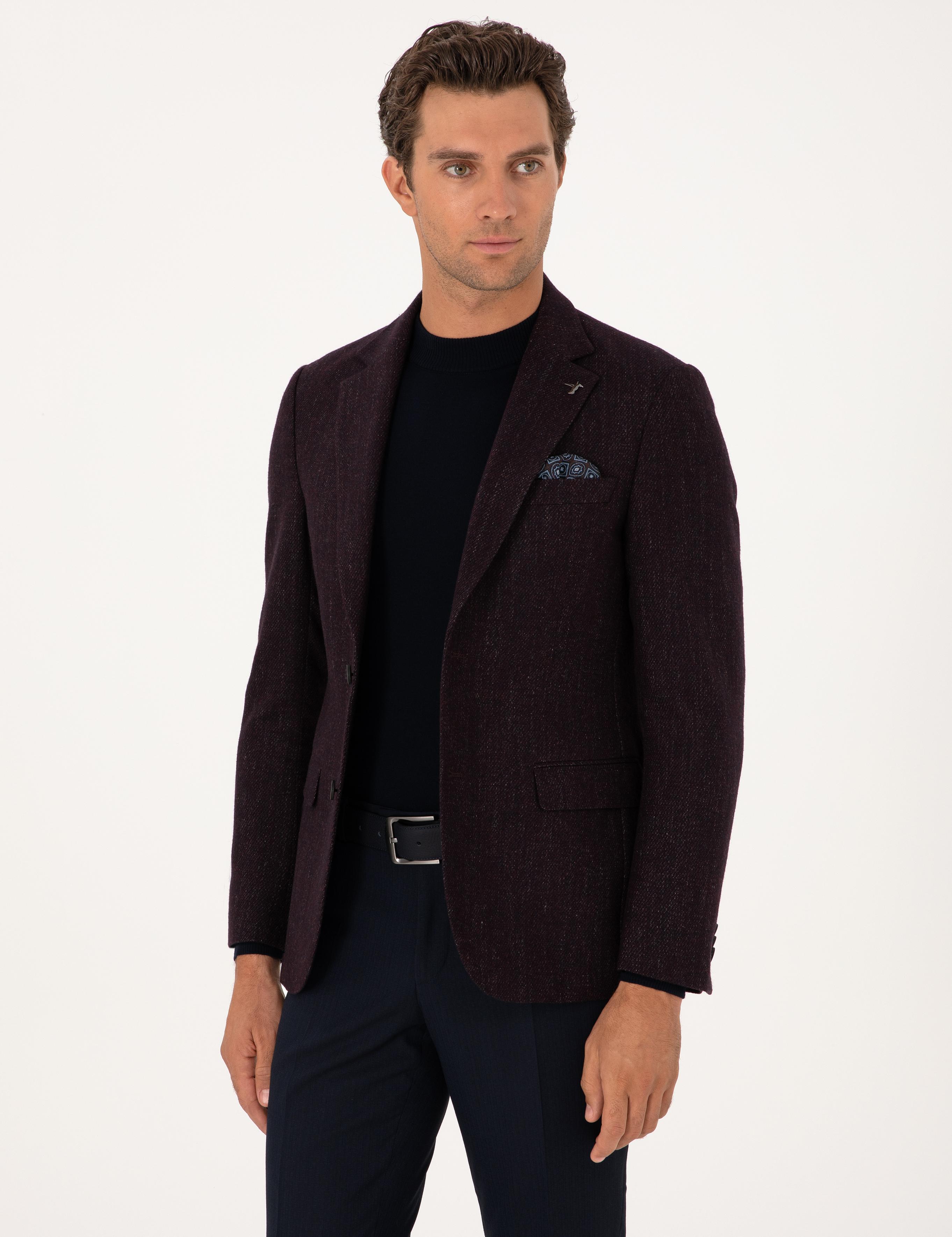 Bordo Slim Fit Yün Karışımlı Flanel Görünümlü Ceket - 50310747083