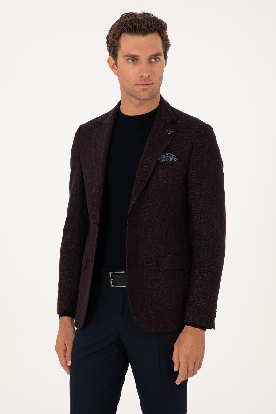 Bordo Slim Fit Yün Karışımlı Flanel Görünümlü Ceket - 50310747083