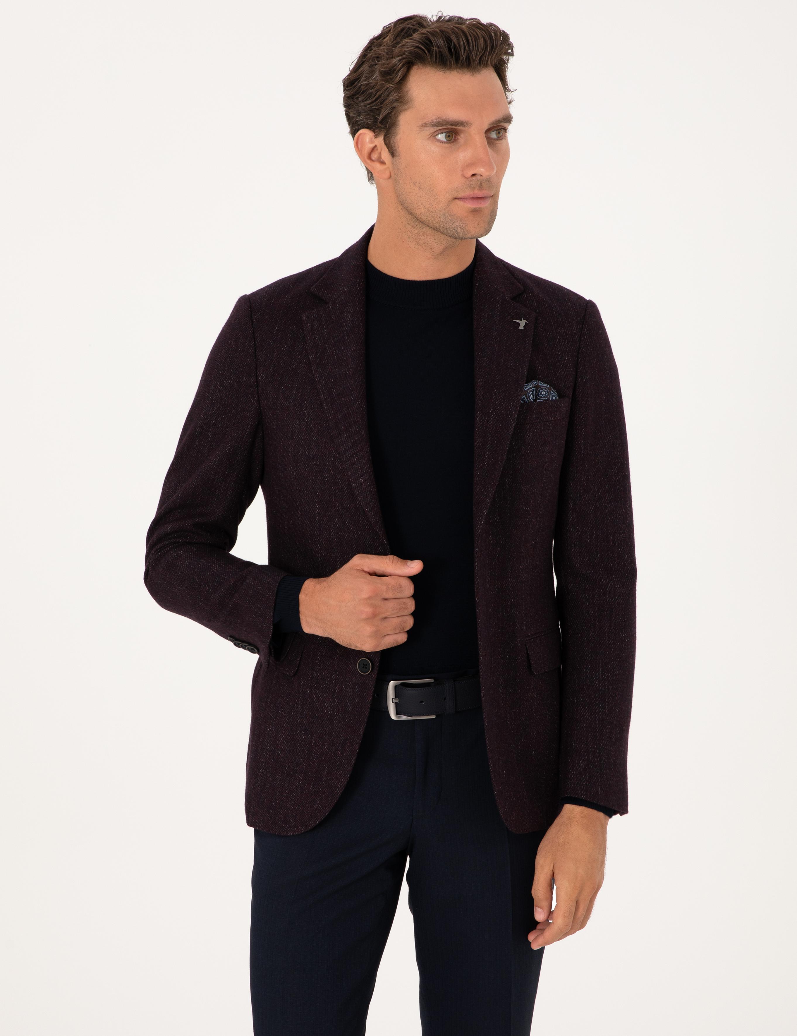 Bordo Slim Fit Yün Karışımlı Flanel Görünümlü Ceket - 50310747083