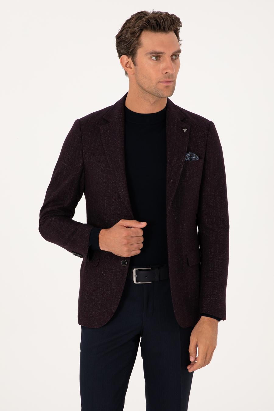Bordo Slim Fit Yün Karışımlı Flanel Görünümlü Ceket - 50310747083
