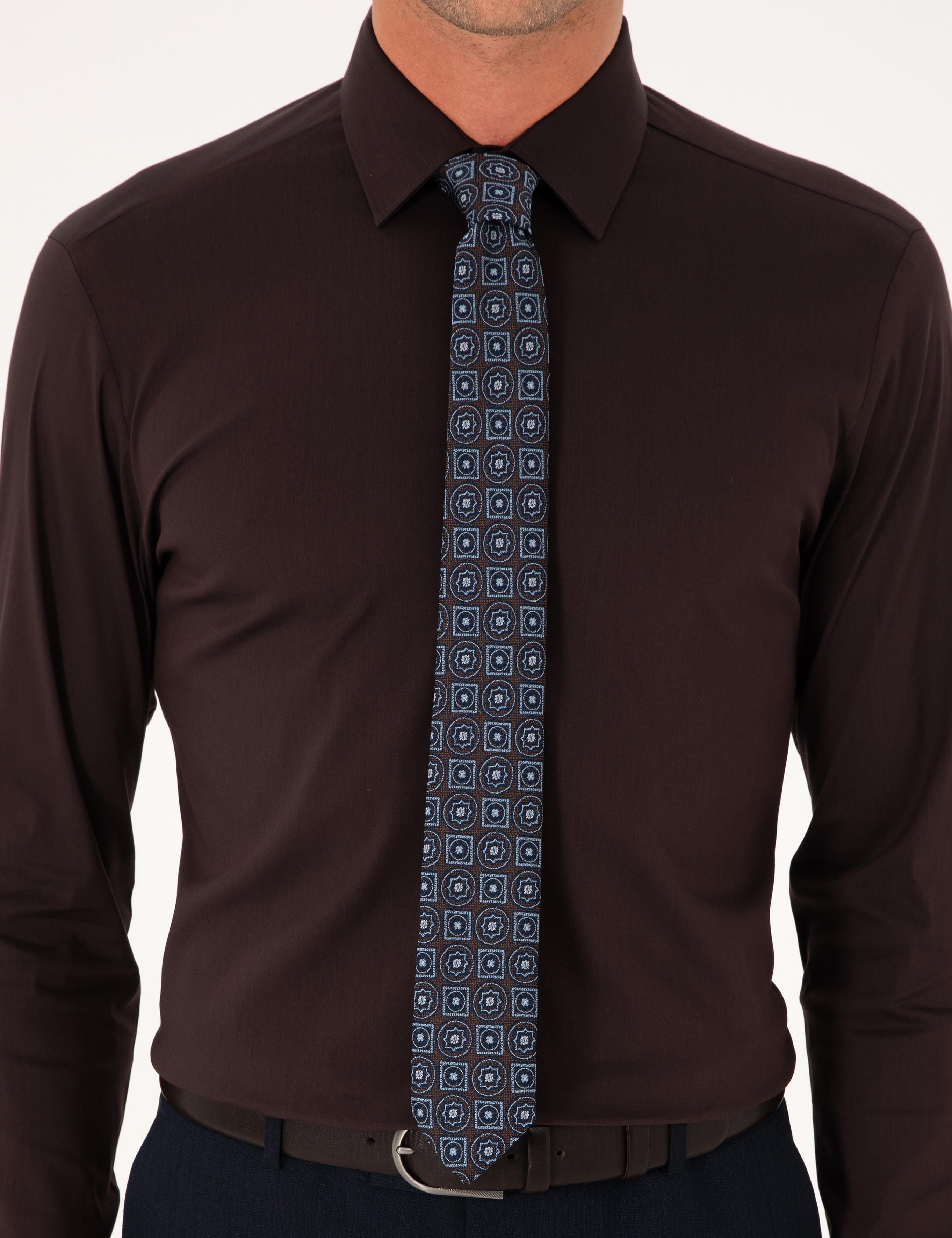 Koyu Kahverengi Slim Fit Non Iron Pamuk Karışımlı Klasik Gömlek - 50305838045