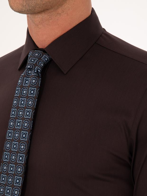 Koyu Kahverengi Slim Fit Non Iron Pamuk Karışımlı Klasik Gömlek