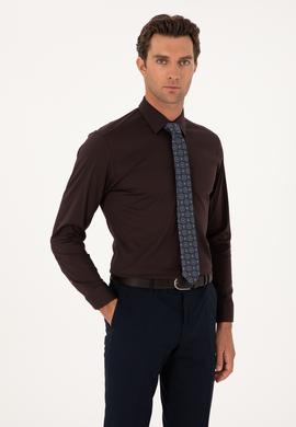 Koyu Kahverengi Slim Fit Non Iron Pamuk Karışımlı Klasik Gömlek