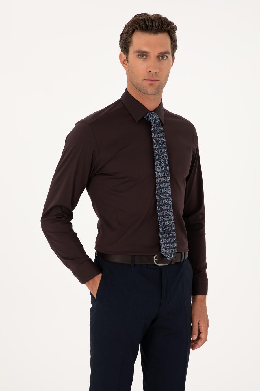 Koyu Kahverengi Slim Fit Non Iron Pamuk Karışımlı Klasik Gömlek - 50305838045
