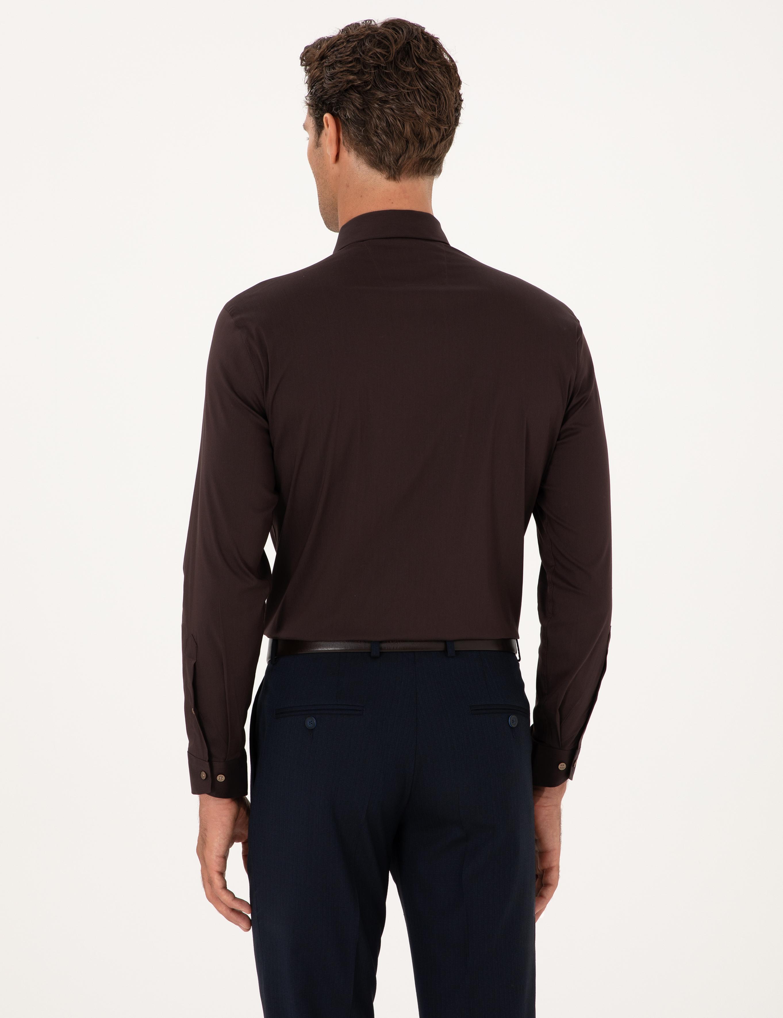Koyu Kahverengi Slim Fit Non Iron Pamuk Karışımlı Klasik Gömlek - 50305838045