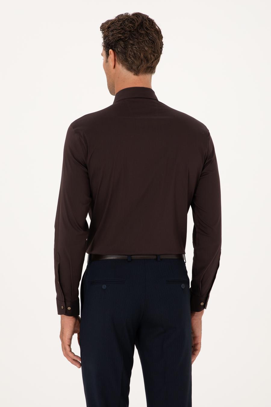 Koyu Kahverengi Slim Fit Non Iron Pamuk Karışımlı Klasik Gömlek - 50305838045