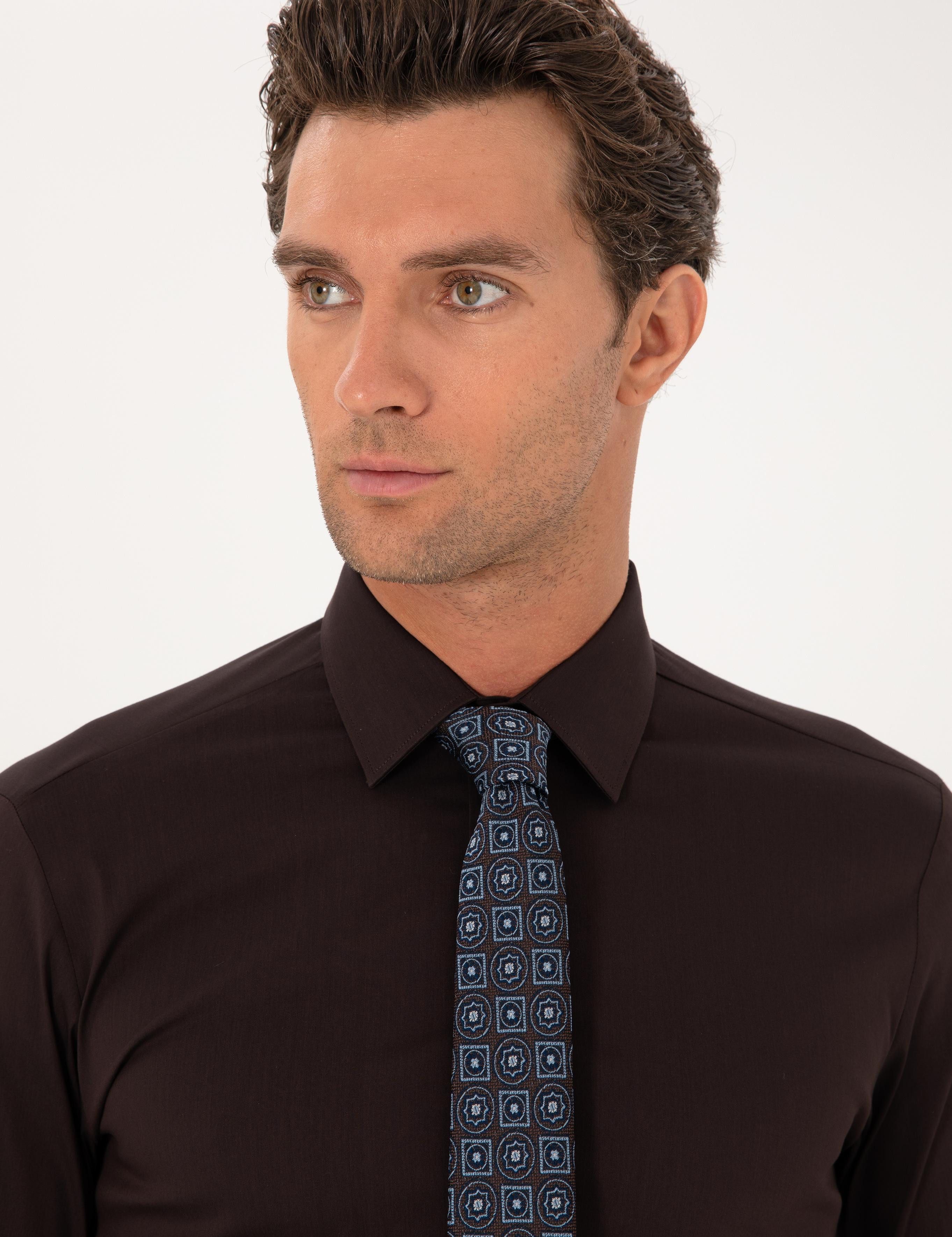 Koyu Kahverengi Slim Fit Non Iron Pamuk Karışımlı Klasik Gömlek - 50305838045