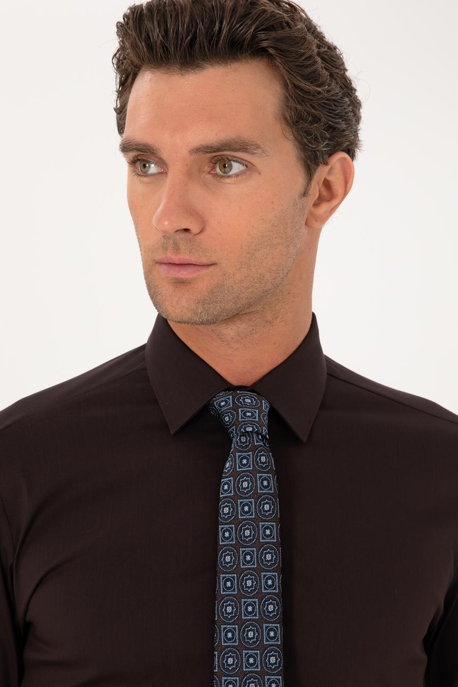 Koyu Kahverengi Slim Fit Non Iron Pamuk Karışımlı Klasik Gömlek - 50305838045
