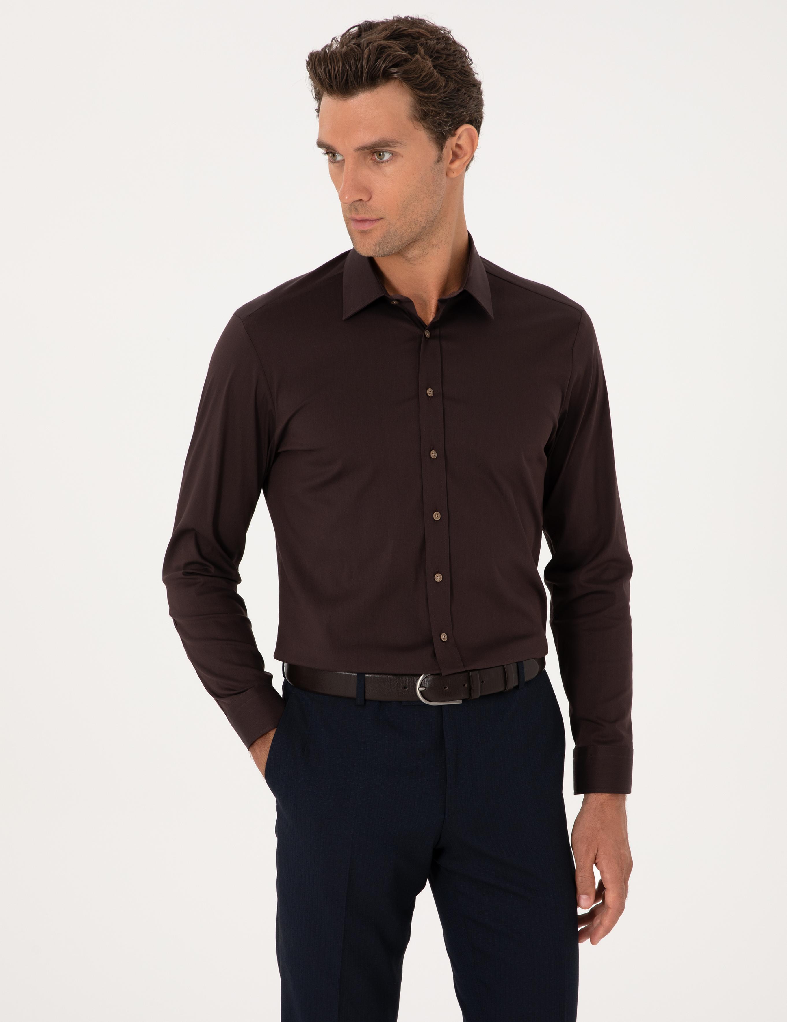 Koyu Kahverengi Slim Fit Non Iron Pamuk Karışımlı Klasik Gömlek - 50305838045