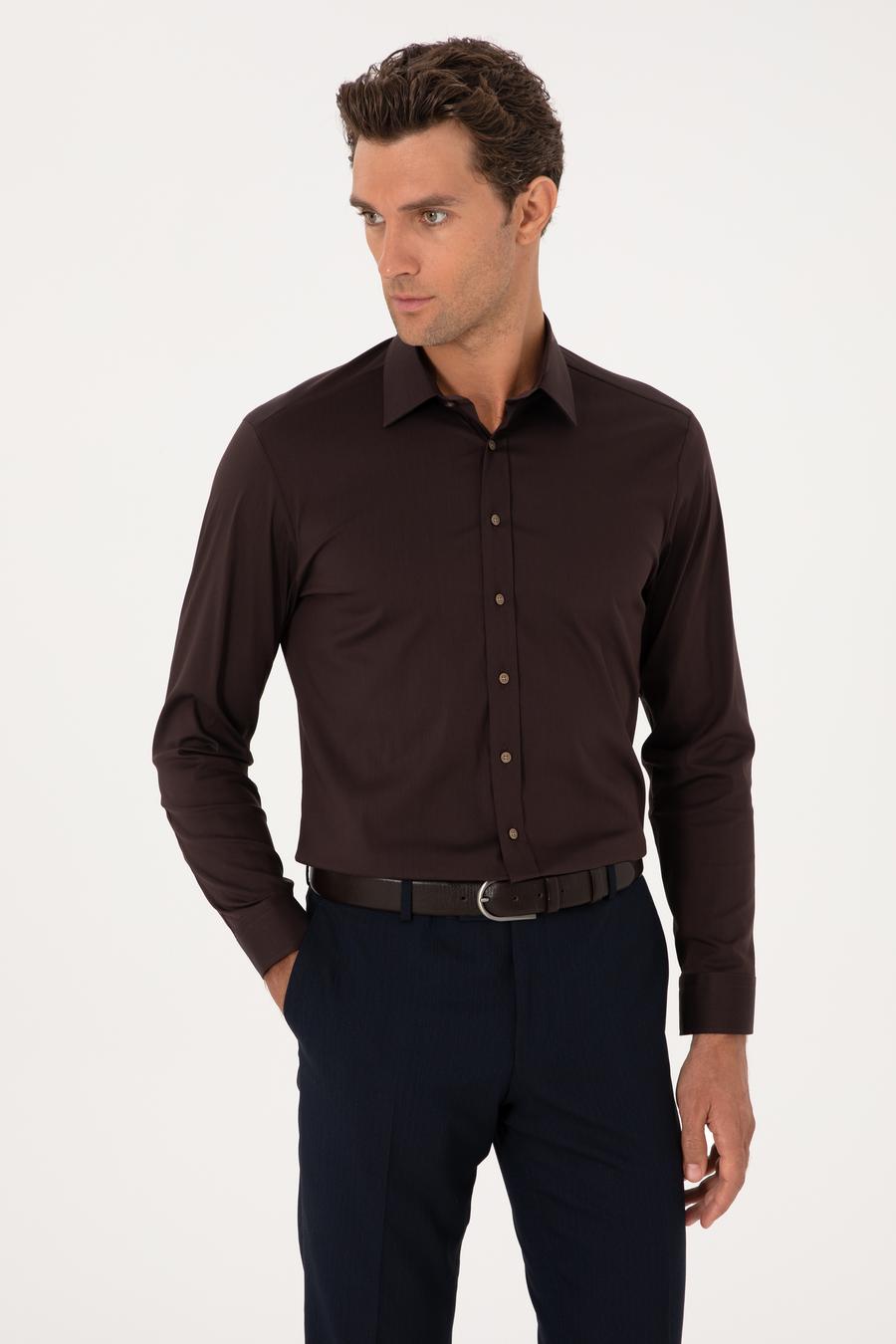 Koyu Kahverengi Slim Fit Non Iron Pamuk Karışımlı Klasik Gömlek - 50305838045