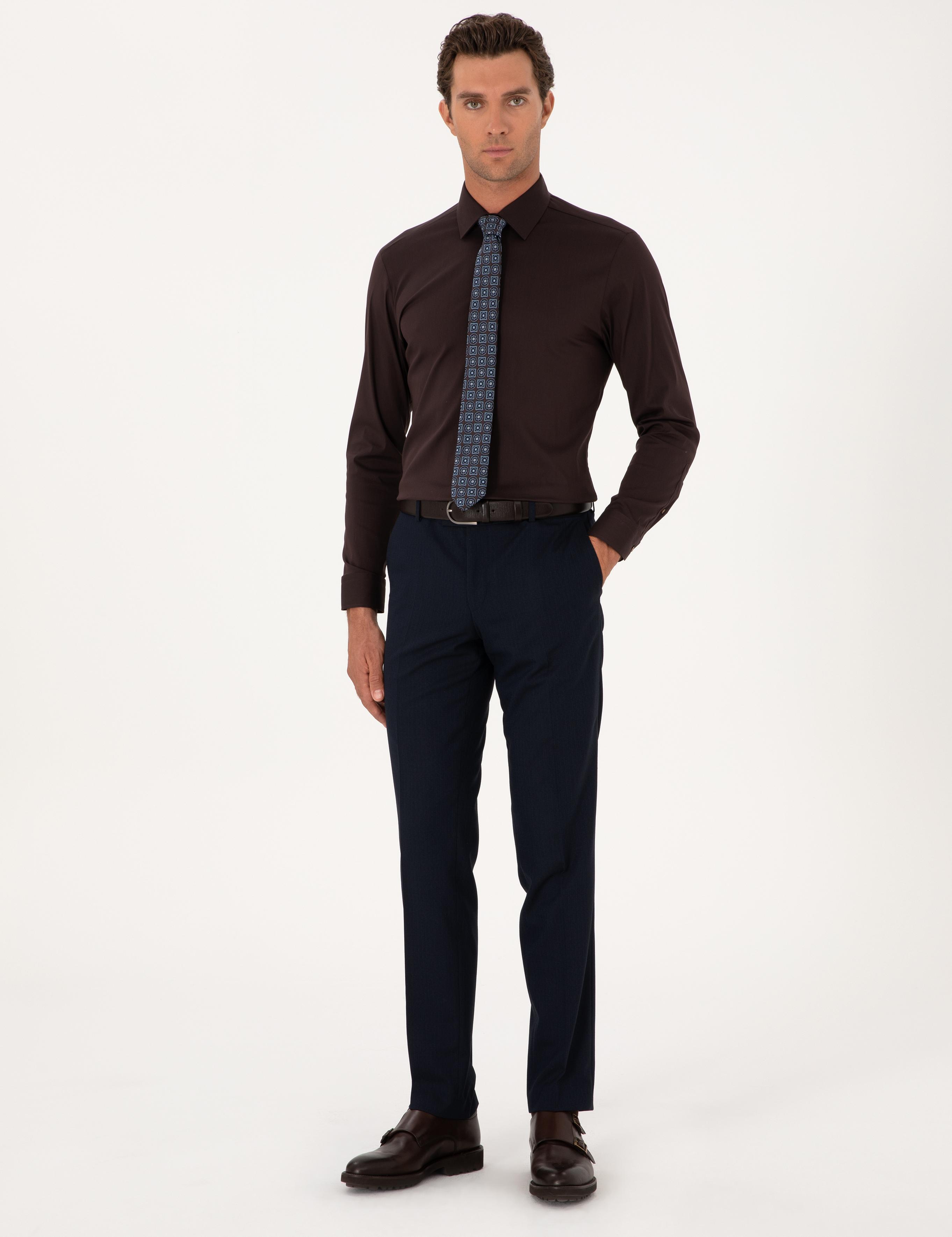 Koyu Kahverengi Slim Fit Non Iron Pamuk Karışımlı Klasik Gömlek - 50305838045