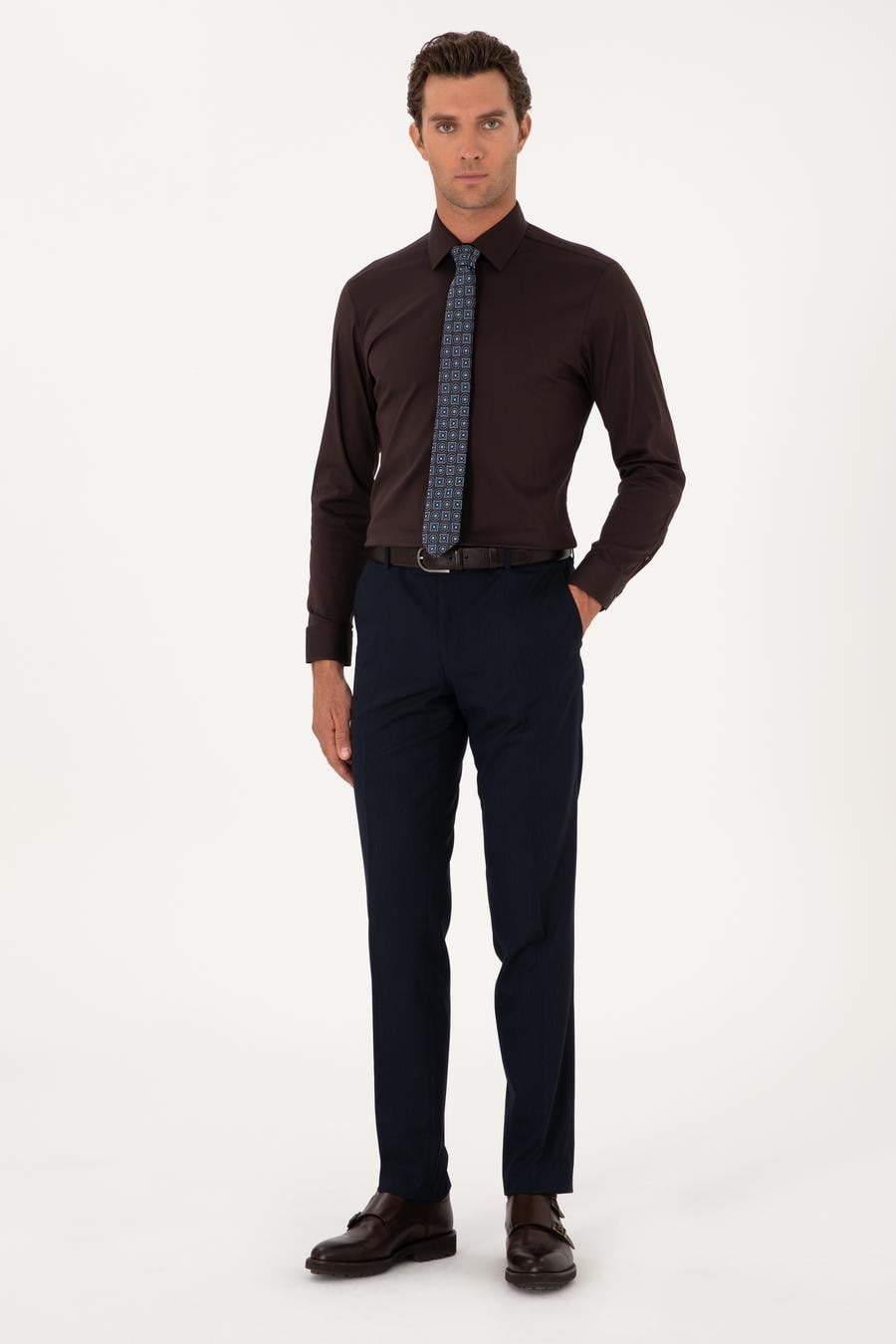 Koyu Kahverengi Slim Fit Non Iron Pamuk Karışımlı Klasik Gömlek - 50305838045